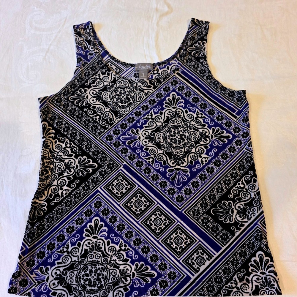 Travelers by Chicos Purple Geometric Medallion Tank Top Size 1 M Sleeveless